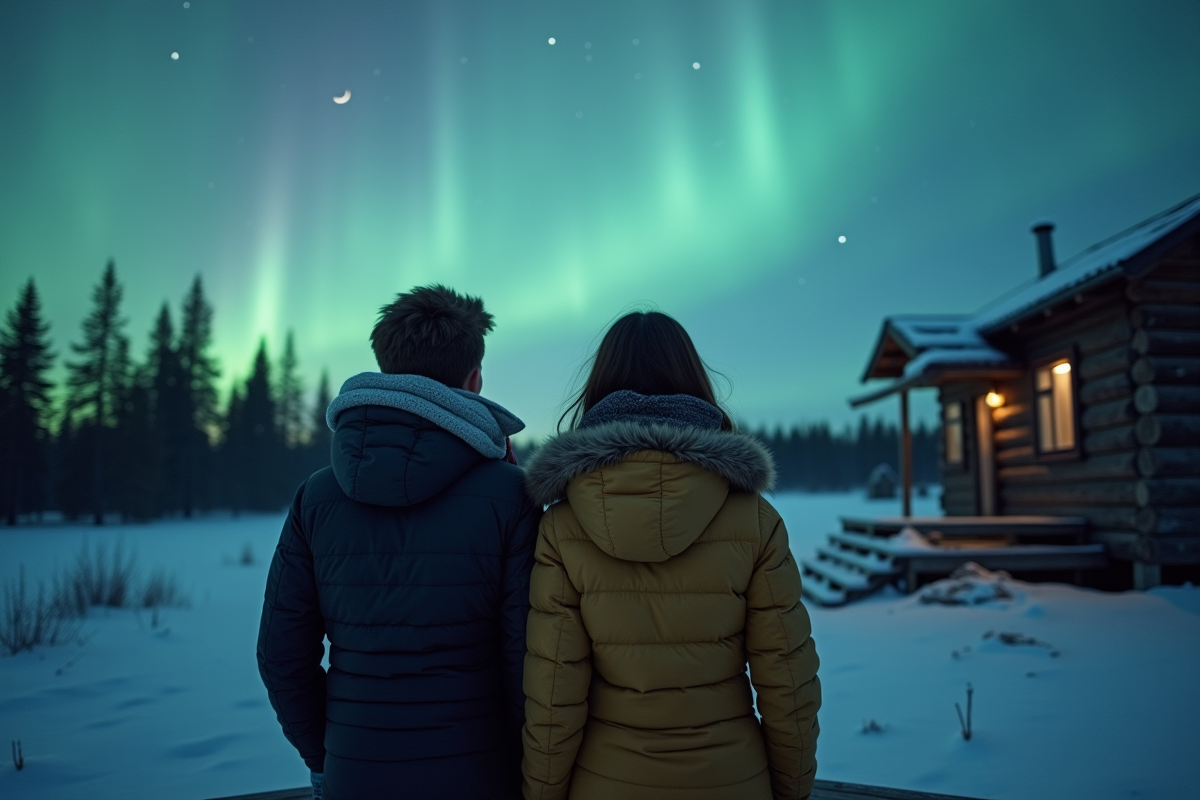 Jeunes regardant le ciel étoilé avec aurore boréale