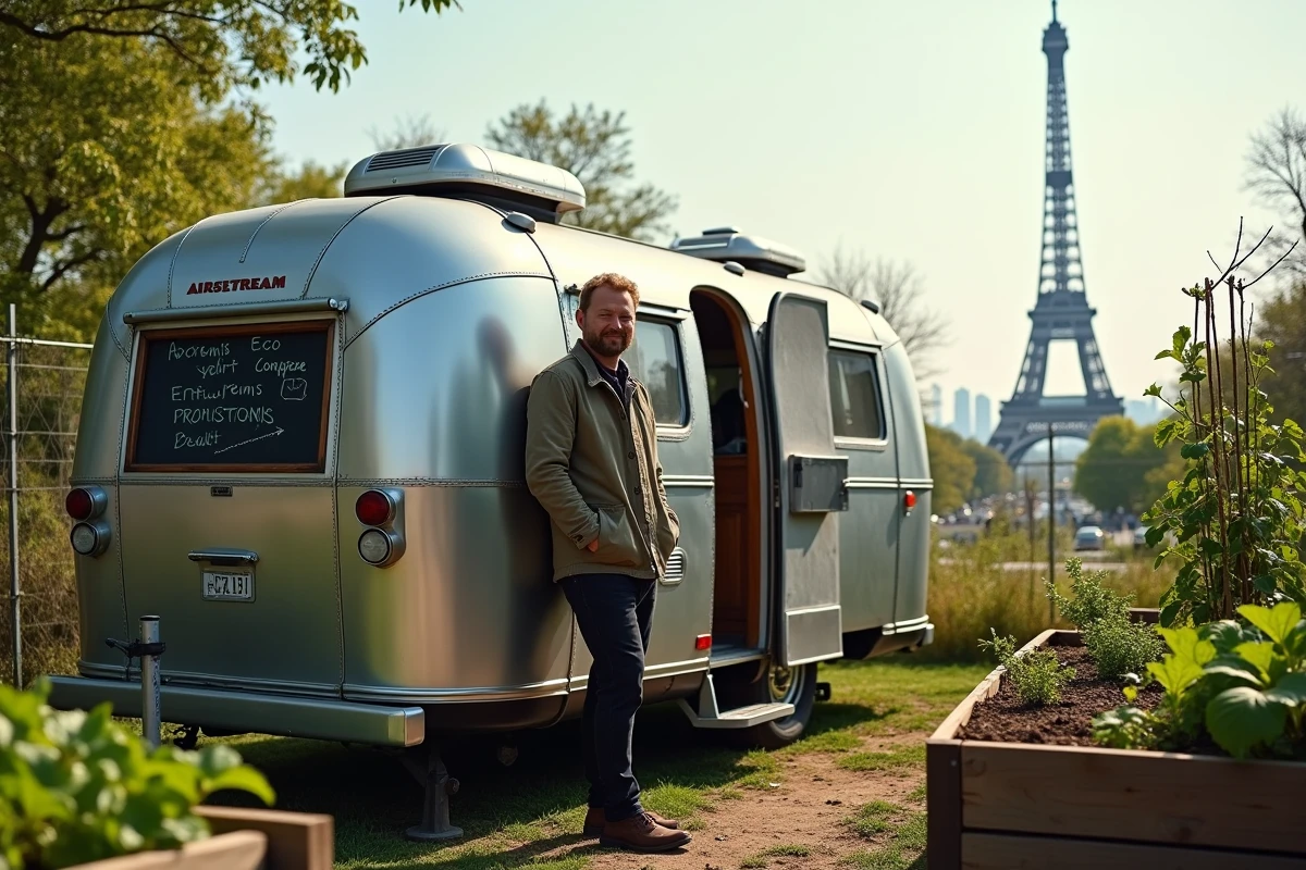 Homme devant un Airstream vintage aménagé dans un jardin permaculturel urbain à Paris, logement insolite et écologique