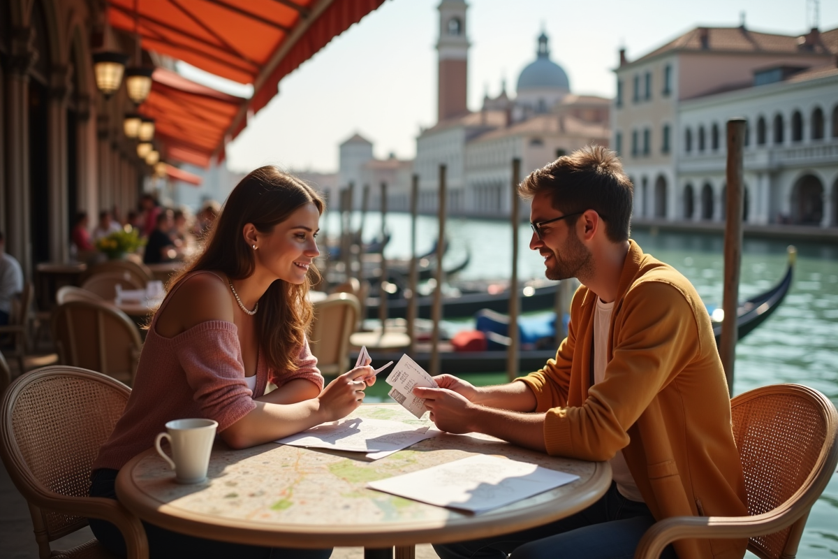 Deux amis au café à Venise avec gondoles et festival en arrière-plan