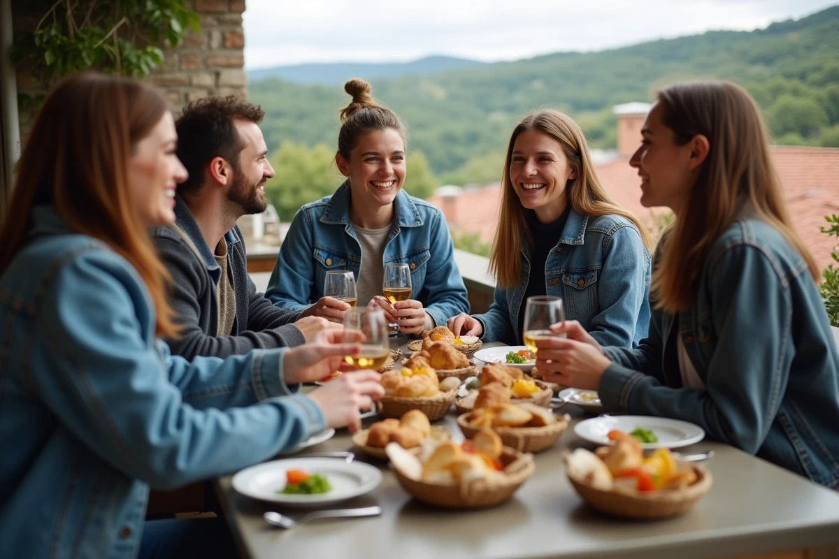 Groupe d amis partageant des tapas sur une terrasse en plein air