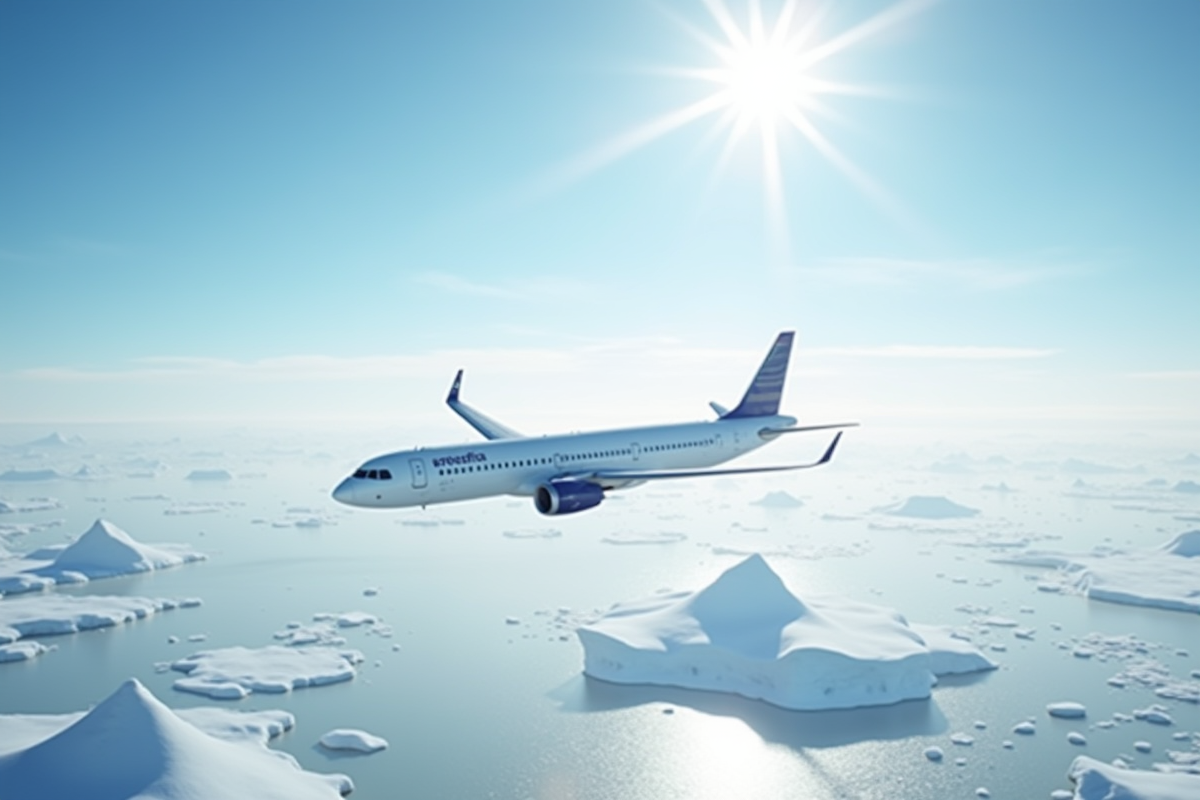 Petit avion survolant la glace antarctique sous un ciel bleu