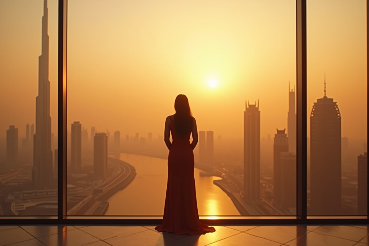 Invité regardant la skyline depuis le balcon au coucher de soleil