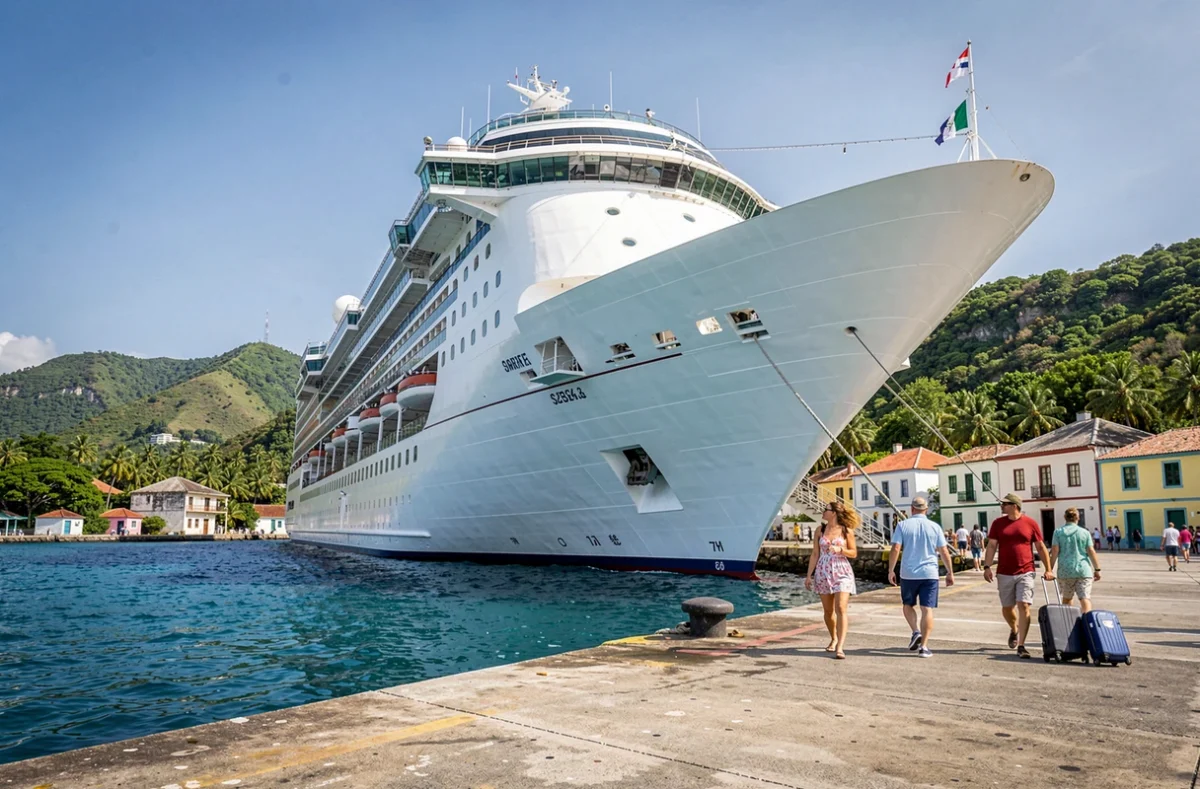 Grand navire de croisière amarré dans un port des Caraïbes avec des passagers embarquant sous un ciel tropical