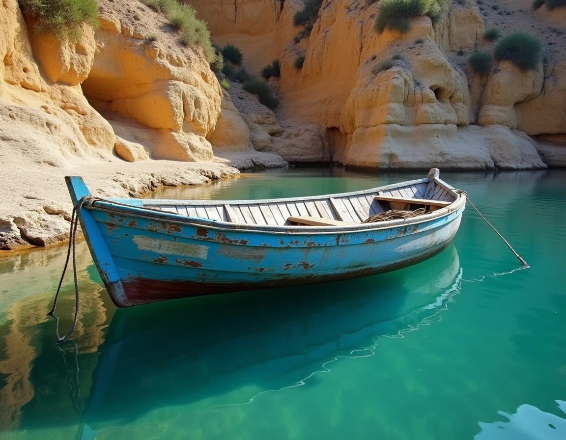 Petit bateau de pêche traditionnel amarré dans une baie cachée de la côte macédonienne grecque
