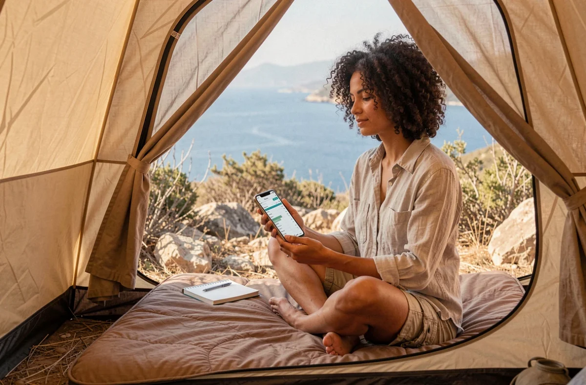 Femme gérant son budget de road trip depuis l'intérieur d'une tente de camping sauvage face à la mer en Italie