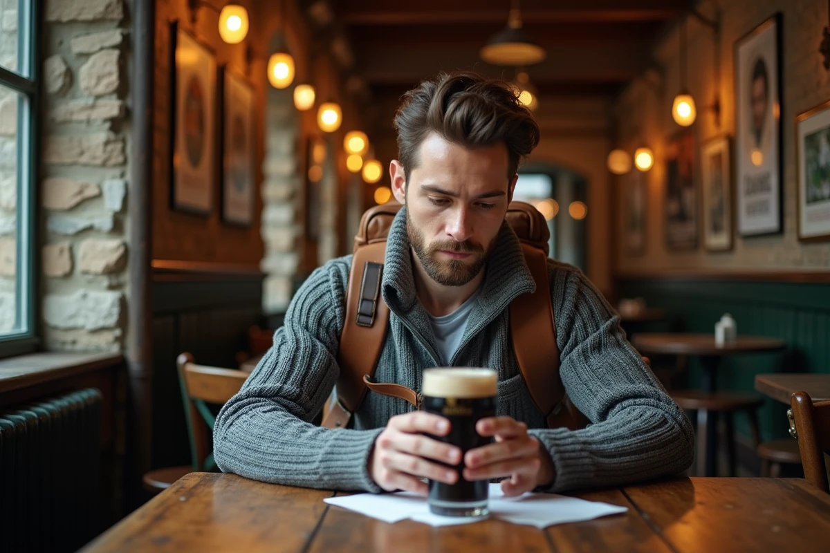 Voyageur planifiant son budget voyage en Irlande dans un pub traditionnel irlandais