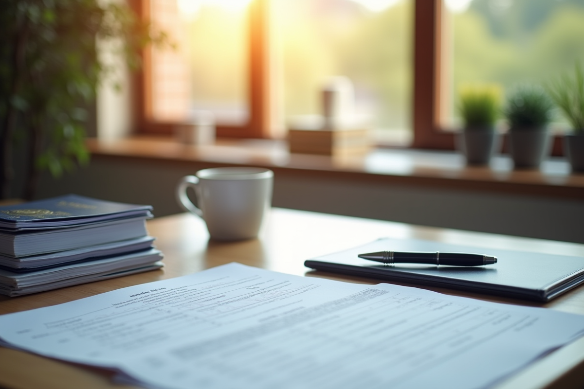 Bureau organisé avec documents officiels et passeport