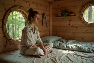 Femme se relaxant dans une cabane dans les arbres écologique aux portes de Paris, hébergement insolite et responsable