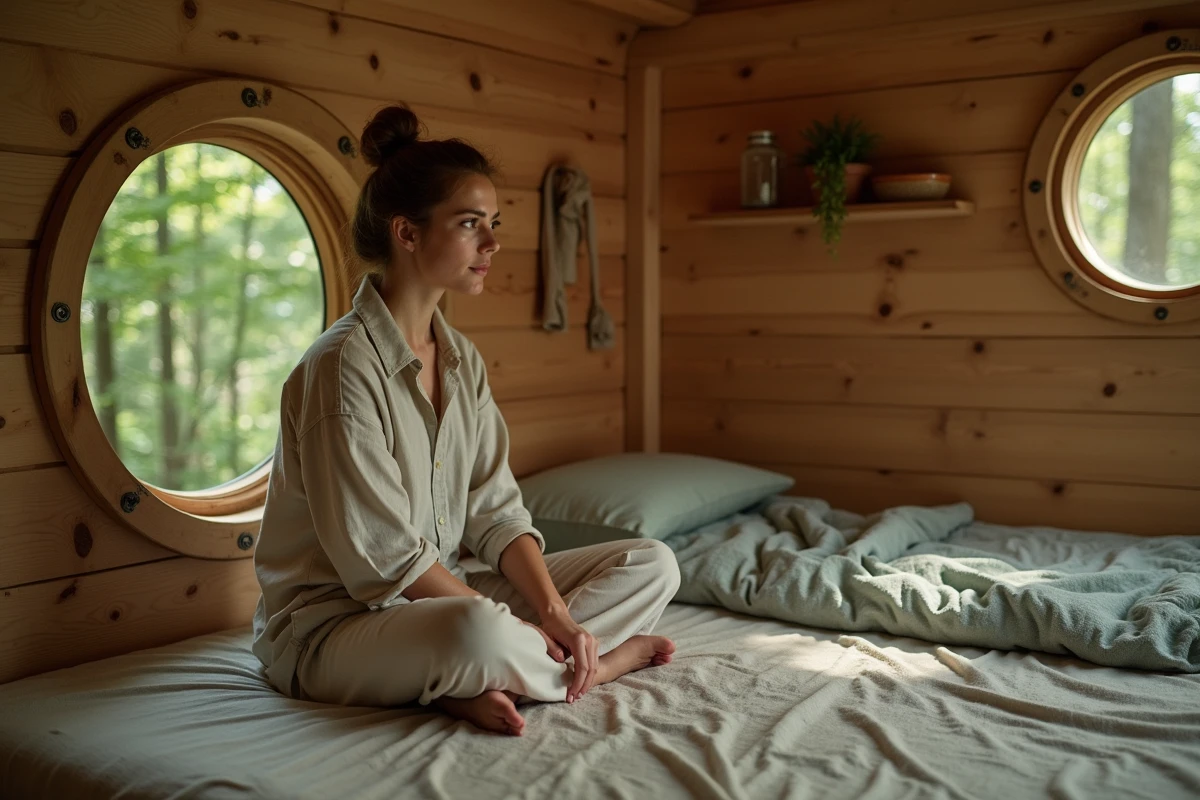 Femme se relaxant dans une cabane dans les arbres écologique aux portes de Paris, hébergement insolite et responsable