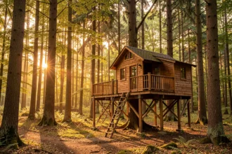 Cabane en bois perchée dans les arbres d'une forêt à la lumière du soir