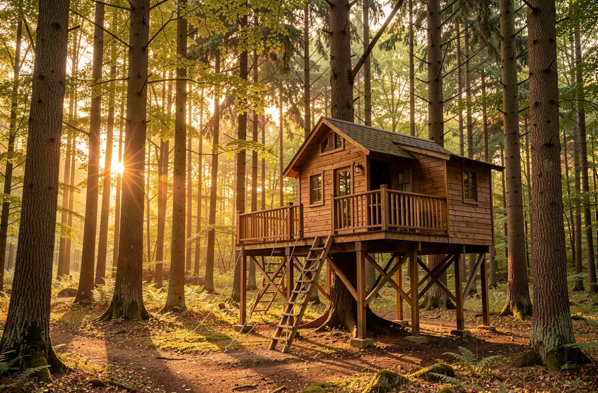 Cabane en bois perchée dans les arbres d'une forêt à la lumière du soir