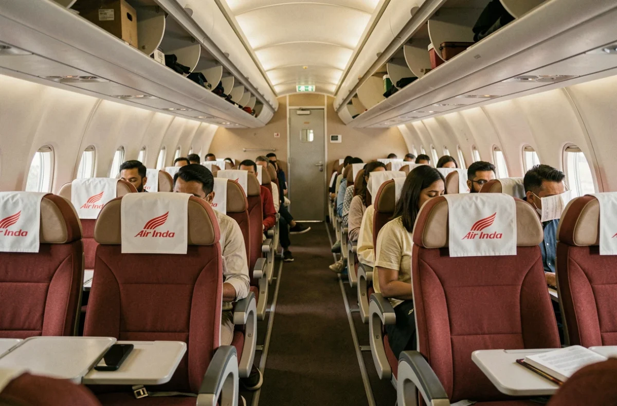 Intérieur de la cabine économique d'un avion Air India avec passagers assis dans des sièges rouge et beige