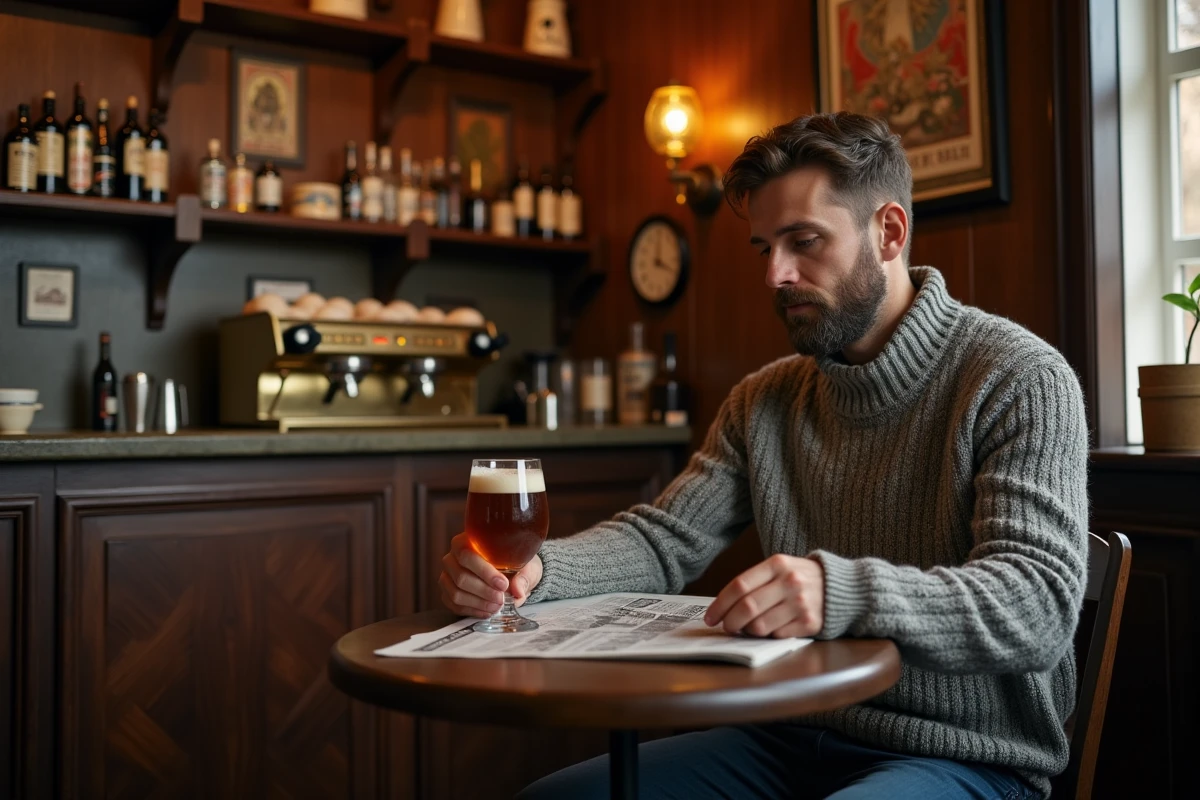 Homme dégustant une bière belge artisanale dans un café brun traditionnel d'une ville wallonne