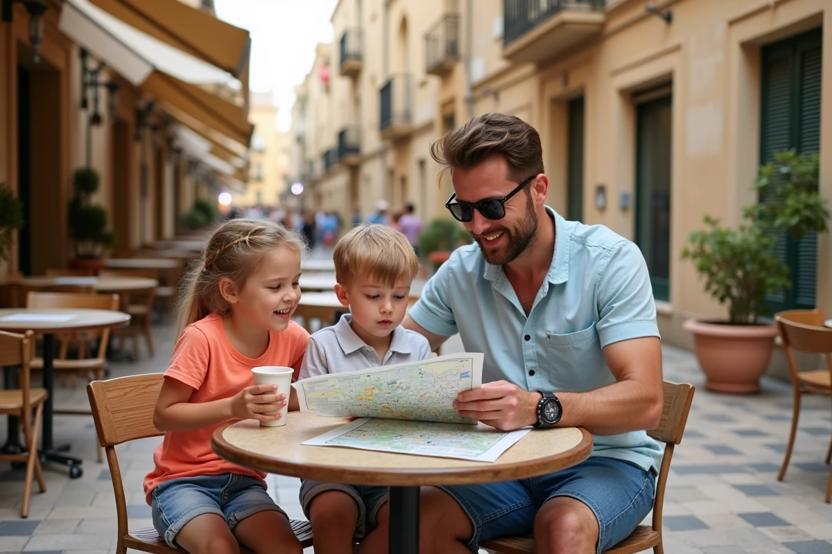 Père et enfants au café à Valletta en train de regarder une carte