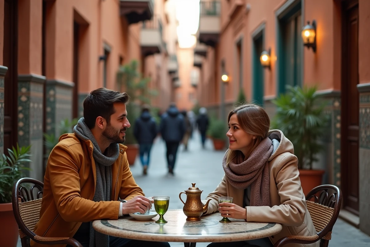 Couple en terrasse de caf&eacute; dans la m&eacute;dina de Marrakech en f&eacute;vrier, th&eacute; &agrave; la menthe et d&eacute;cor traditionnel marocain