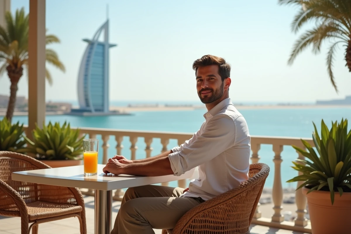 Homme attablé en terrasse avec vue sur le Burj Al Arab depuis un café abordable à Dubaï