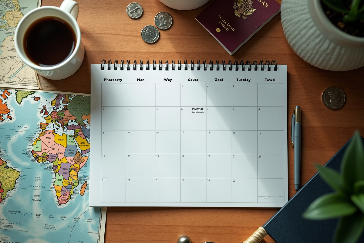Calendrier avec cartes et café sur un bureau en journée