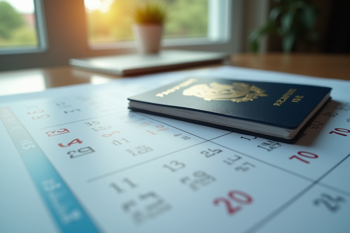 Zoom sur un calendrier avec un passeport et date de renouvellement