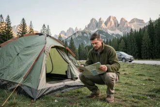 Voyageur en camping sauvage dans les Dolomites italiennes consultant une carte routière devant sa tente compacte