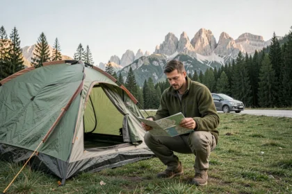 Voyageur en camping sauvage dans les Dolomites italiennes consultant une carte routière devant sa tente compacte