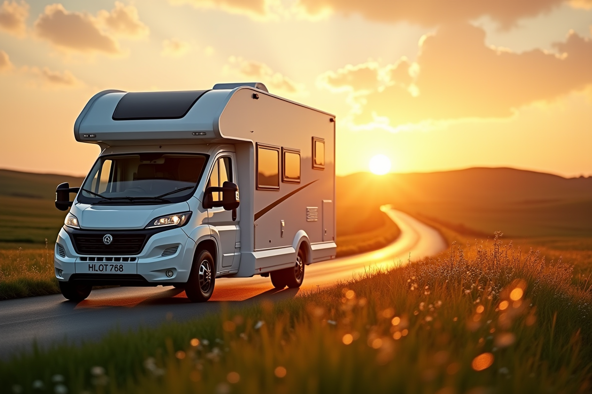 Camping en camping-car au lever du soleil dans la campagne