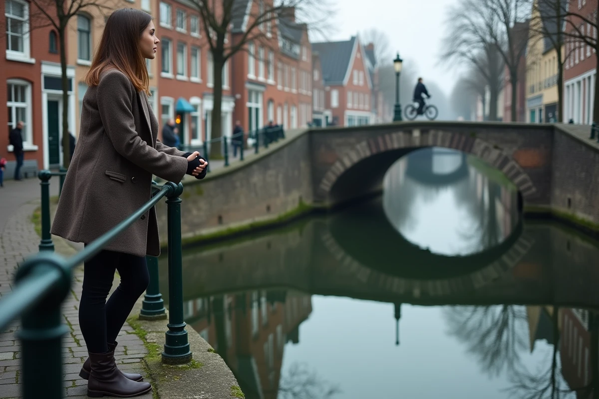 Femme admirant le reflet d'un pont en pierre dans un canal paisible d'une ville belge peu touristique