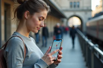 Femme consultant une carte hors ligne de l'Allemagne sur son smartphone devant une gare européenne
