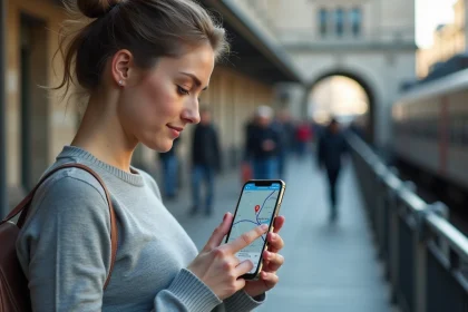 Femme consultant une carte hors ligne de l'Allemagne sur son smartphone devant une gare européenne