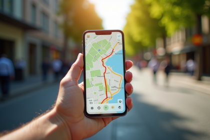 Main tenant un smartphone avec carte digitale colorée pour le titre