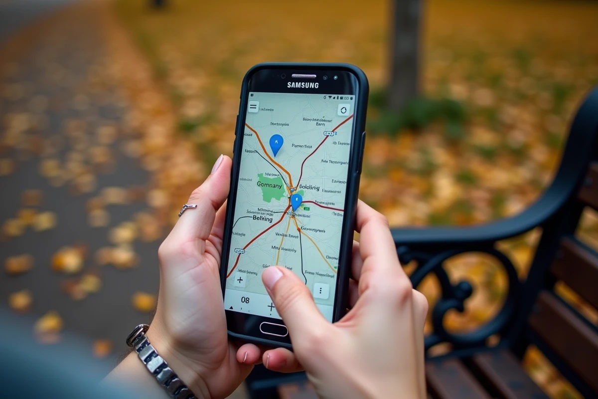 Mains tenant un smartphone avec une carte hors ligne de Berlin téléchargée dans un parc en automne
