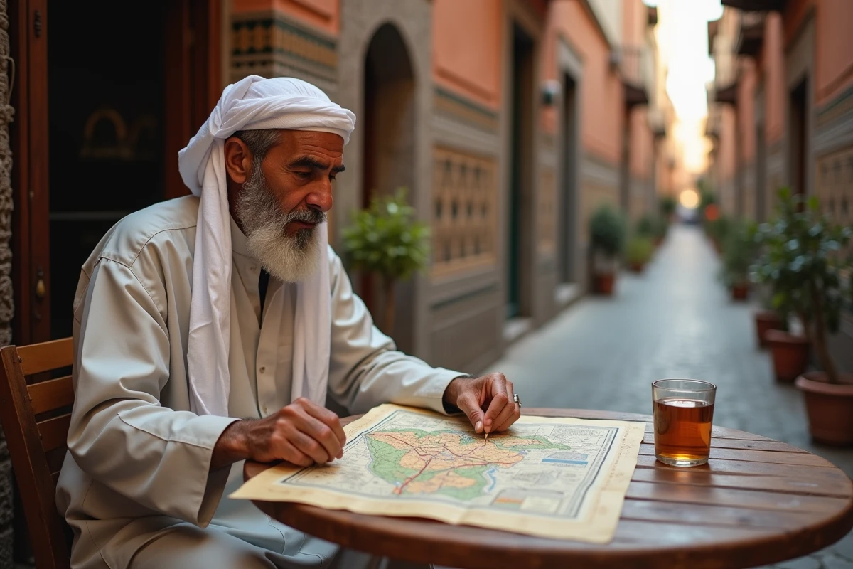 Homme consultant une carte du nord du Maroc dans une ruelle de la médina de Tétouan