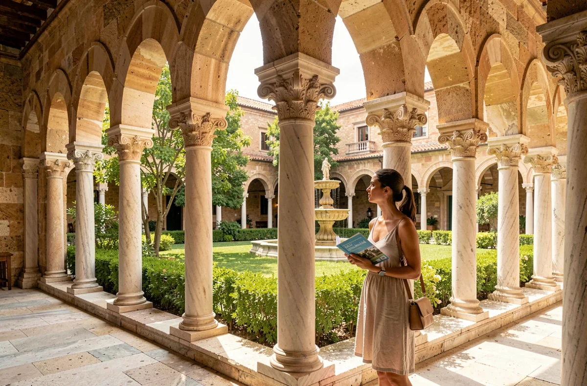 Cloître de la cathédrale de Monreale en été avec les colonnes de marbre sculptées, une touriste et le jardin avec fontaine normano-arabe