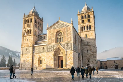 Façade extérieure de la cathédrale de Monreale en hiver avec des touristes en manteau sur la place, ciel bleu hivernal et architecture normano-arabe