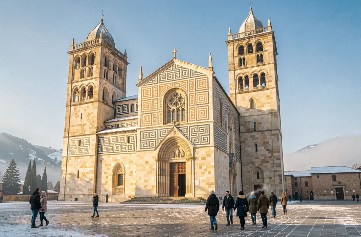 Façade extérieure de la cathédrale de Monreale en hiver avec des touristes en manteau sur la place, ciel bleu hivernal et architecture normano-arabe