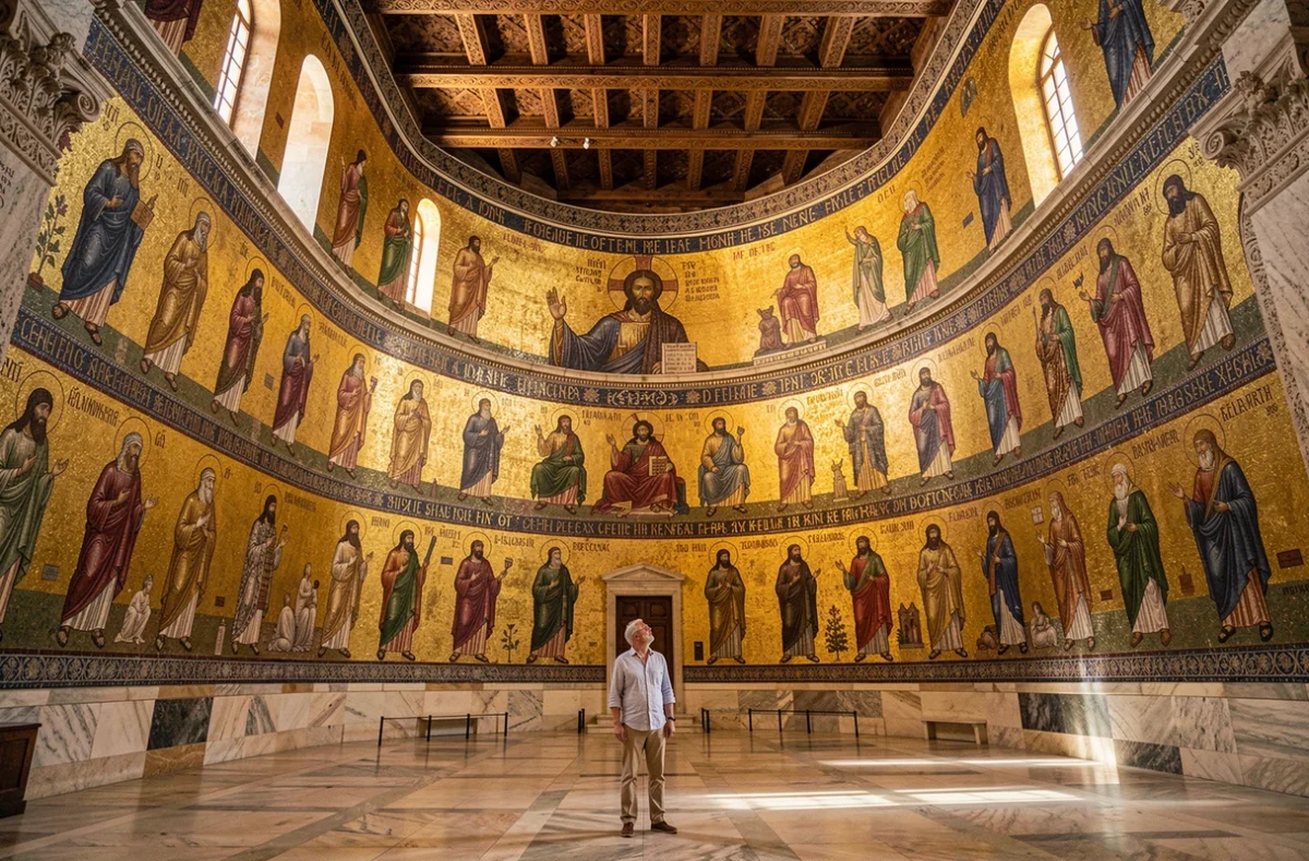 Intérieur doré de la cathédrale de Monreale avec les mosaïques byzantines du Christ Pantocrator et un visiteur admirant la nef centrale