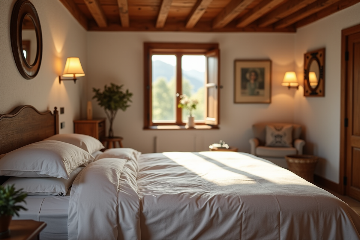 Chambre chaleureuse avec poutres en bois et lit blanc