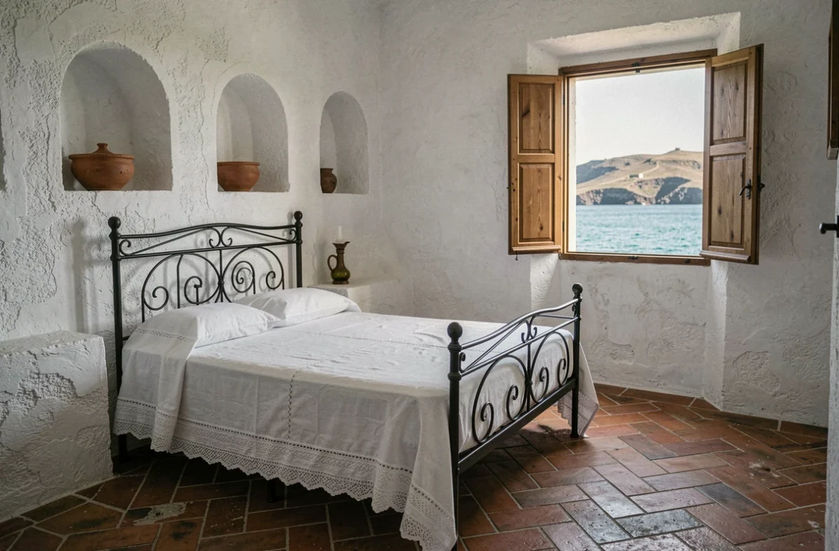 Chambre intérieure d'un dammuso traditionnel à Lipari avec lit en fer forgé, carrelage en terre cuite et vue sur la mer Tyrrhénienne
