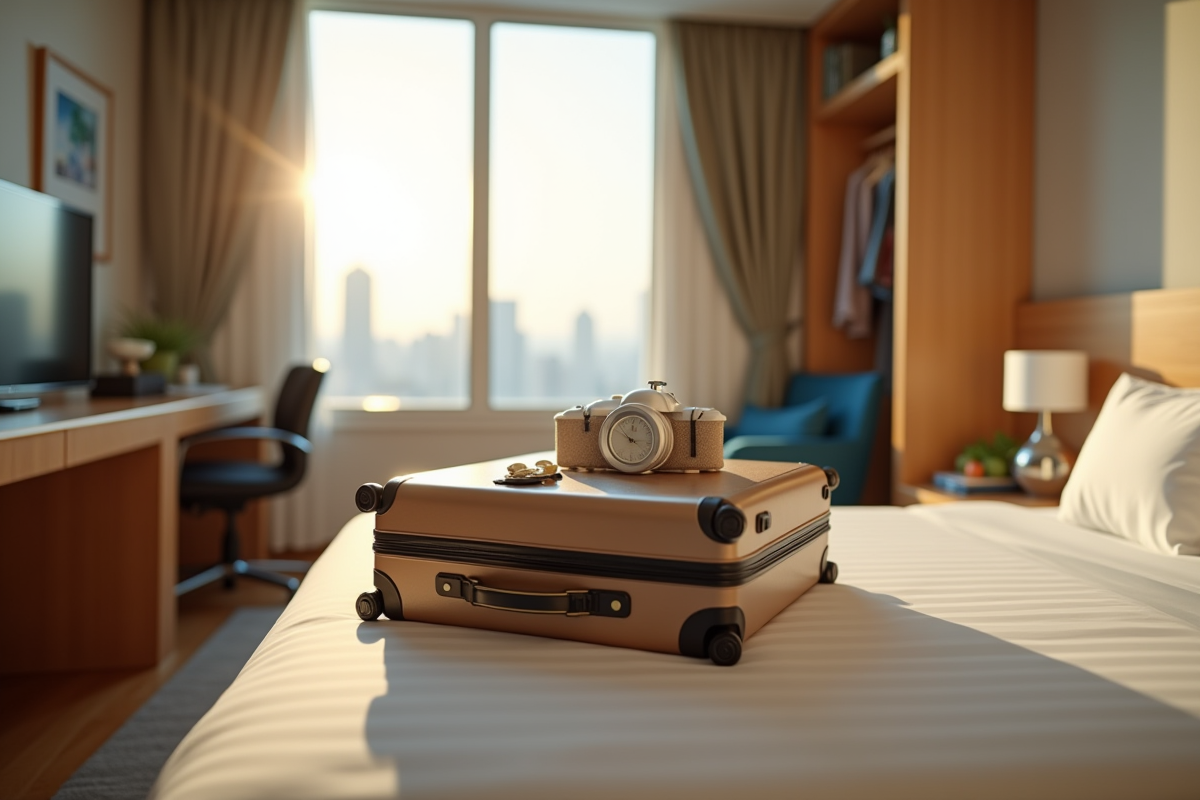 Chambre d hotel en Thaïlande avec valise et vue urbaine
