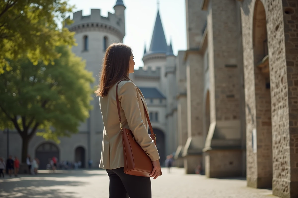 Femme admirant le château des Comtes de Gand, architecture médiévale emblématique de la ville de Gand en Belgique