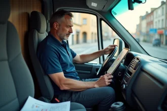 Chauffeur livreur professionnel consultant une application de planification d'itinéraires sur tablette dans la cabine de son véhicule utilitaire