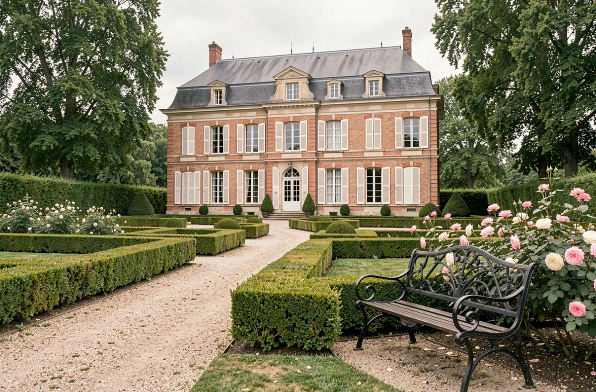 Manoir bourgeois en briques du XVIIIe siècle au Clos du Quesnoy avec jardin formel en buis taillés et allée en gravier