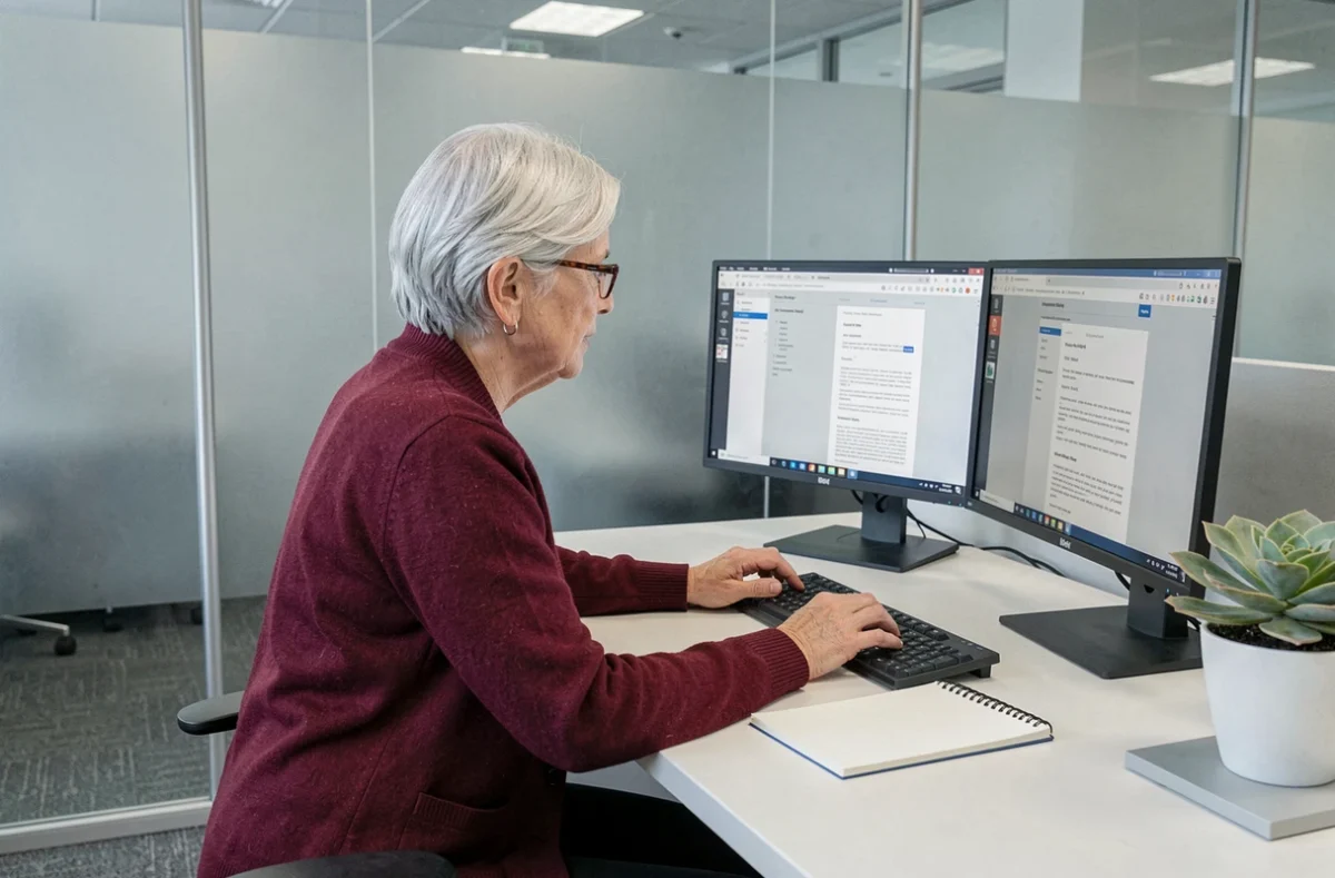 Femme d'affaires senior comparant deux versions d'un email de bonne vacance sur deux écrans d'ordinateur au bureau