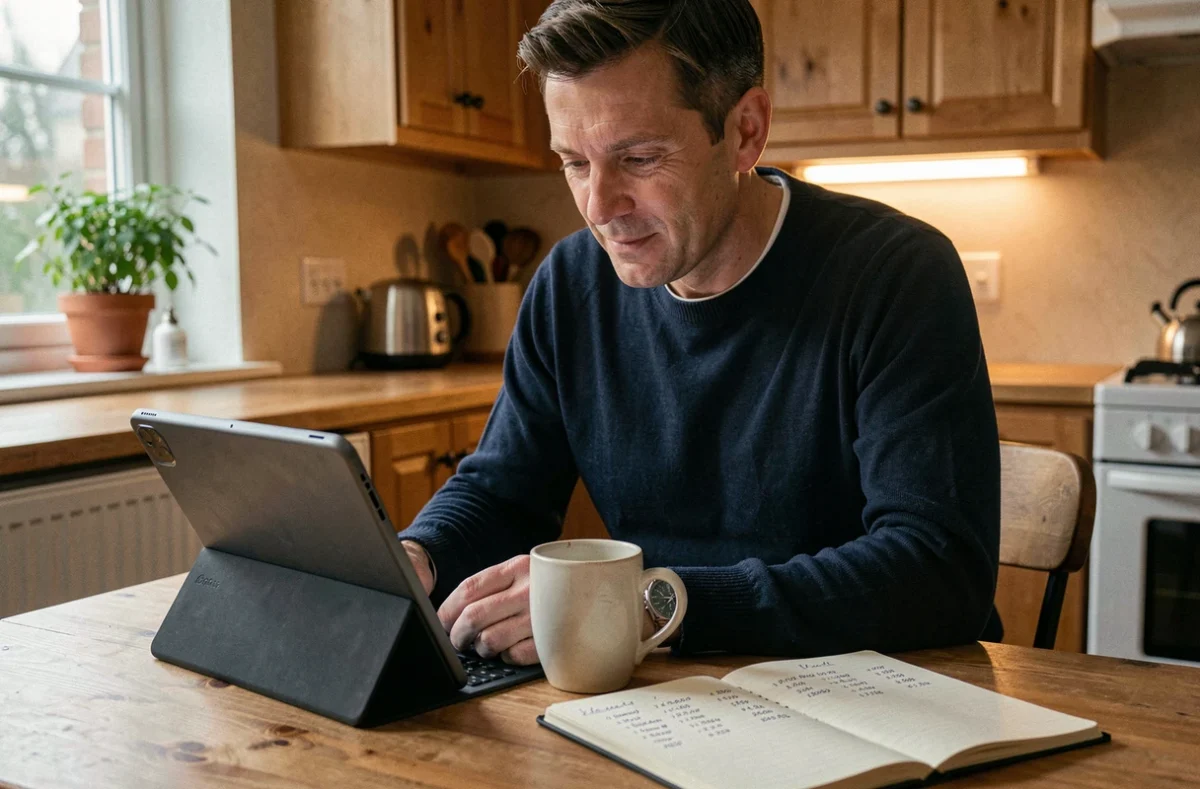 Homme comparant les horaires et tarifs de vols Paris Dubaï sur une tablette depuis son domicile