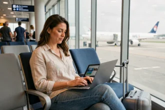 Femme comparant des offres de croisière aux Caraïbes sur son ordinateur portable dans un salon d'aéroport moderne
