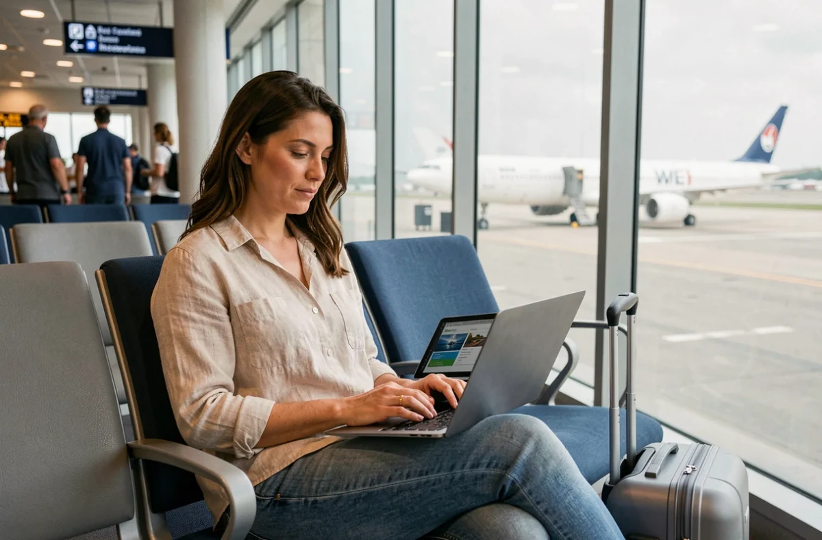 Femme comparant des offres de croisière aux Caraïbes sur son ordinateur portable dans un salon d'aéroport moderne