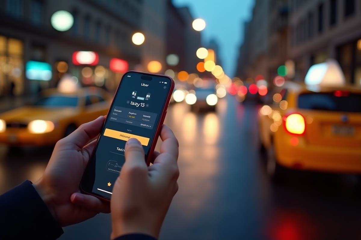 Personne utilisant smartphone pour comparer Uber et taxi en ville