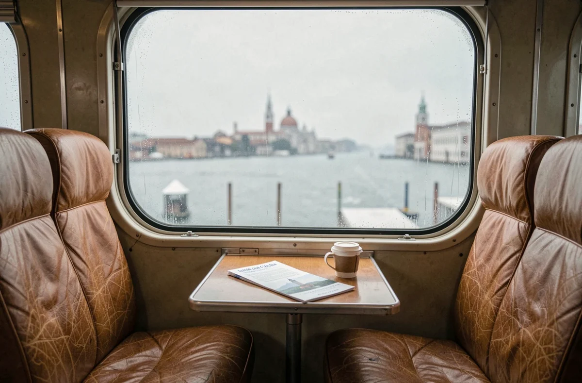 Compartiment de train vintage avec vue sur la lagune de Venise en hiver depuis la fenêtre embuée