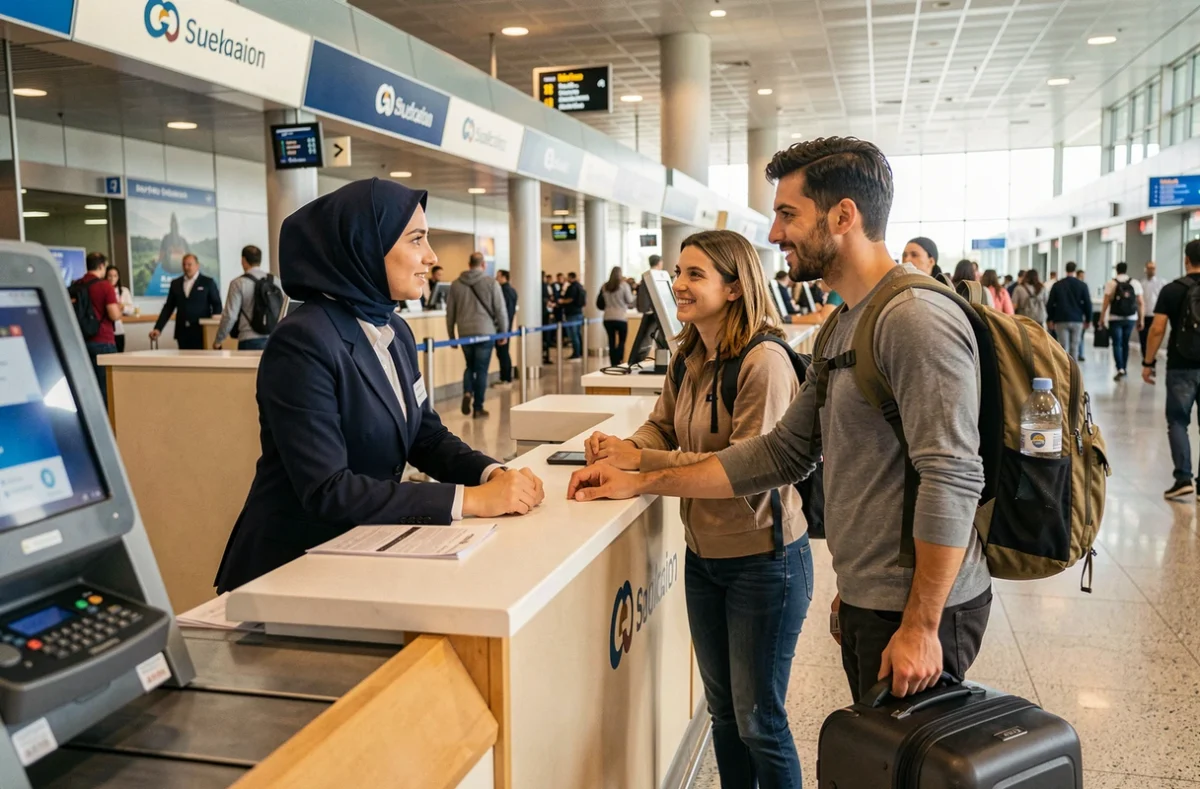 Agent d'enregistrement aidant des voyageurs au comptoir de l'aéroport Al Massira à Agadir avant le départ