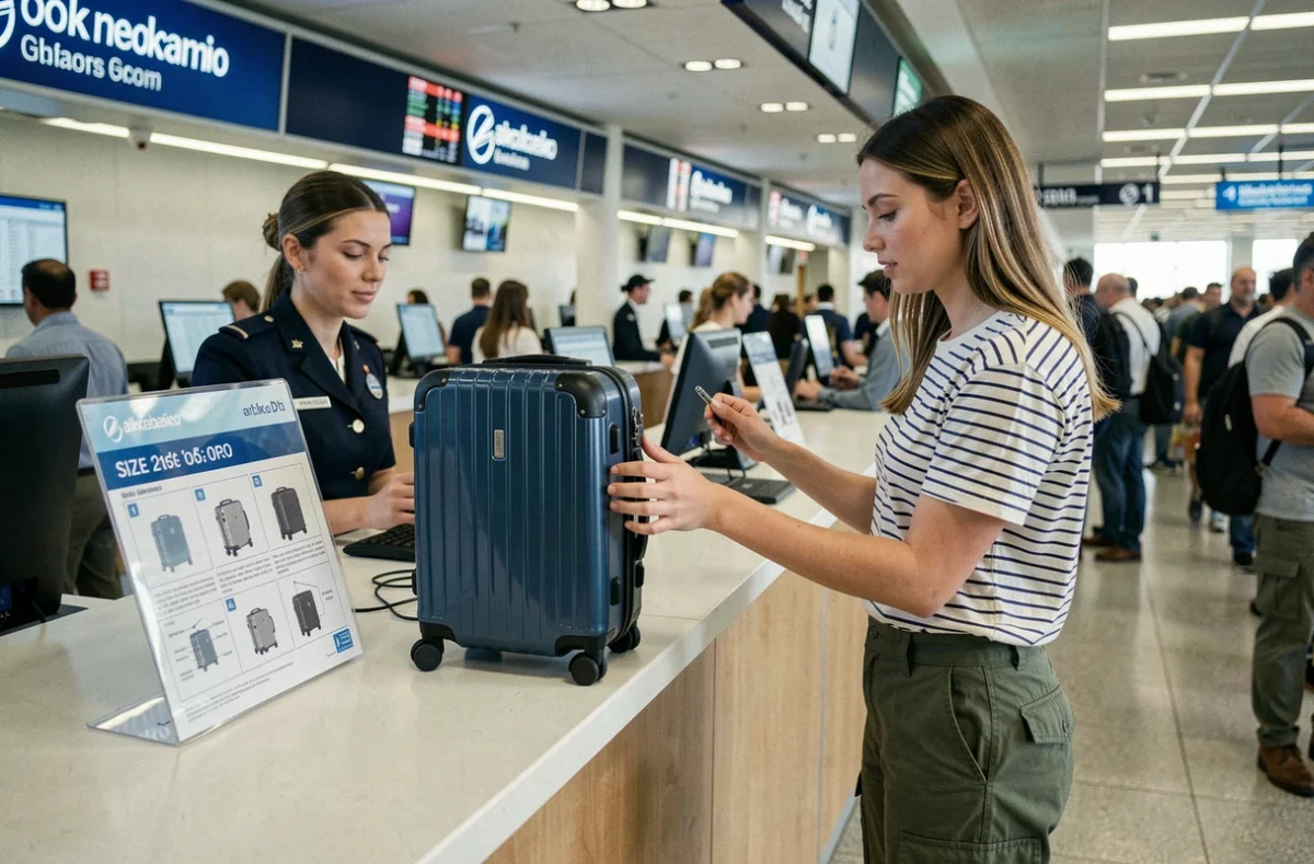 Voyageuse comparant sa valise cabine aux dimensions autorisées au comptoir d'enregistrement