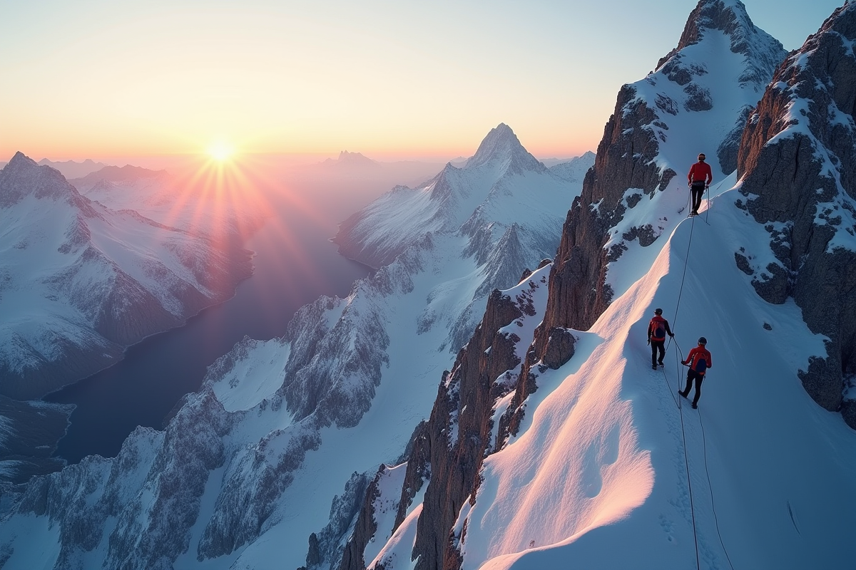 Groupe d'alpinistes en cordée sur une crête enneigee au lever du soleil
